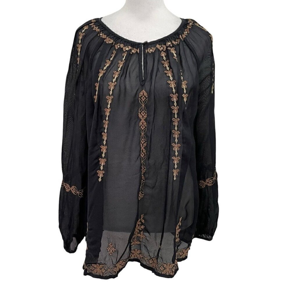 Lucky Brand Black Sheer Top with Tan Embroidery